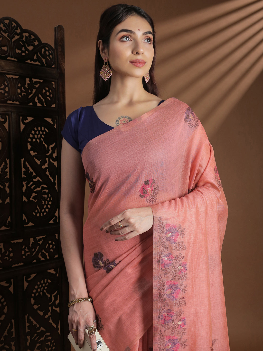 Women Peach Cotton Weaving Saree PCS245