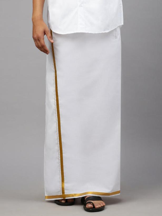 Men Cotton Blend Single Layer White Dhoti with 3/4" Gold jari Border Silver Sun