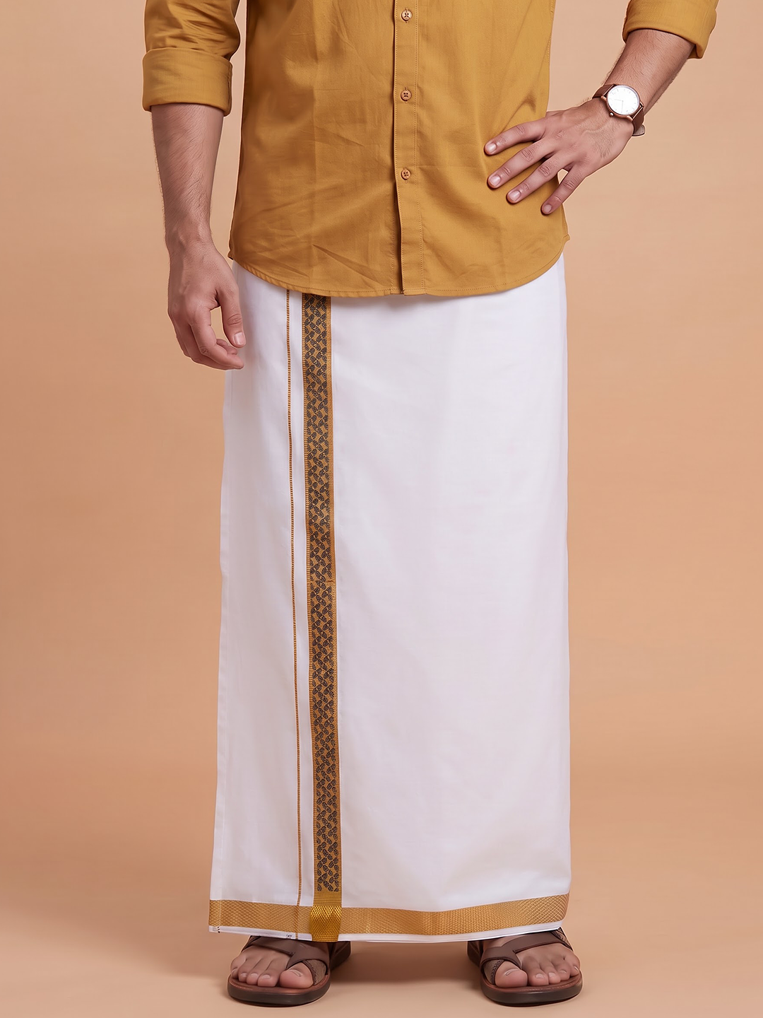 Single Layer Cotton Blend White Dhoti with Fancy Jari Border - GP07