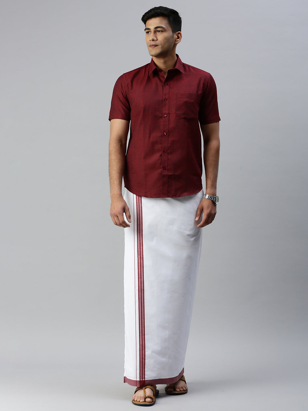 Men Matching Border Adjustable Dhoti & Half Sleeves Shirt Set Trendy CC8