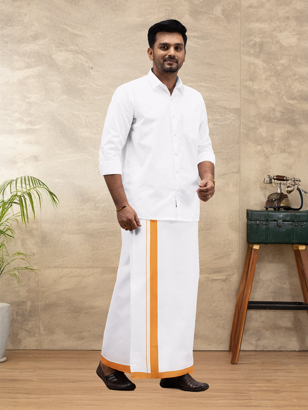 Men Cotton Blend Single Layer White Dhoti with Big Border WS23
