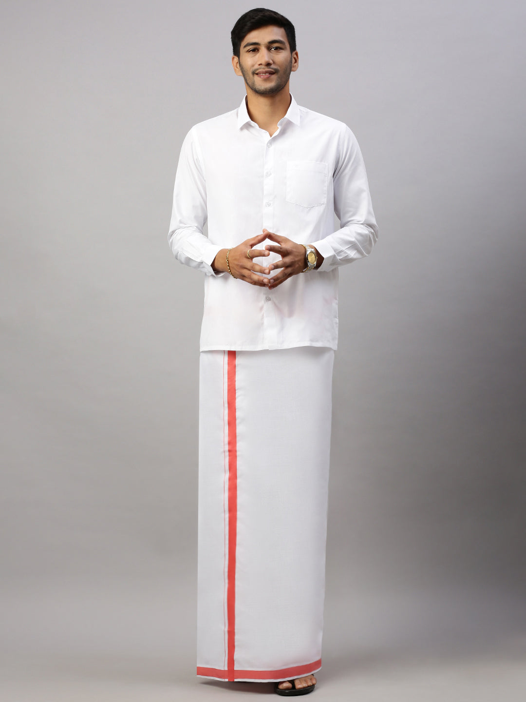 Mens Elegant Look Cotton Single Dhoti with Pink Fancy Border