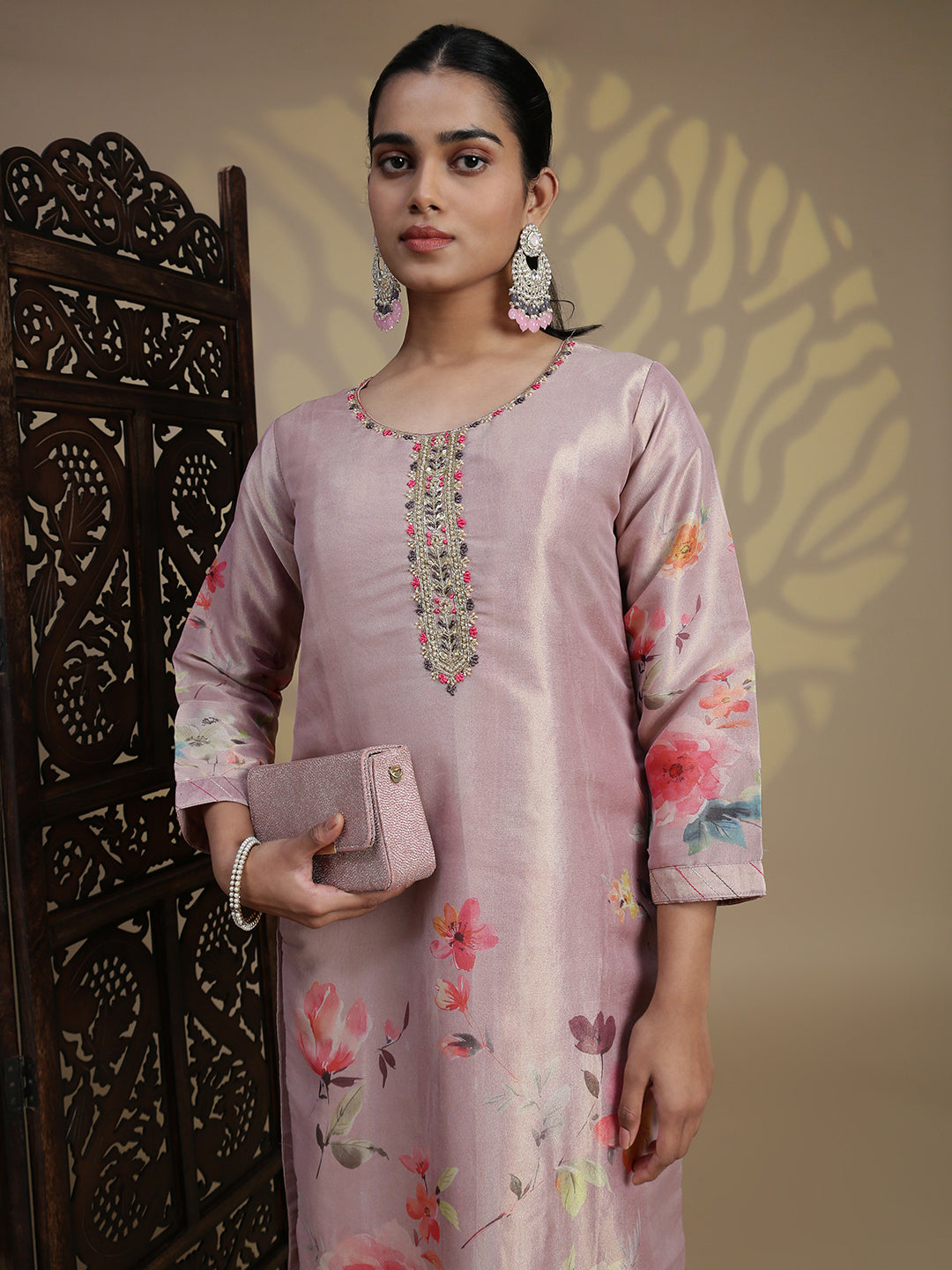 Women Grayish Purple MM Silk Printed Kurti Set EKS102