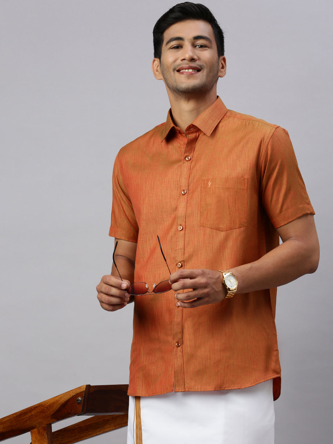 Men Brown Matching Border Dhoti & Half Sleeves Shirt Set CV3