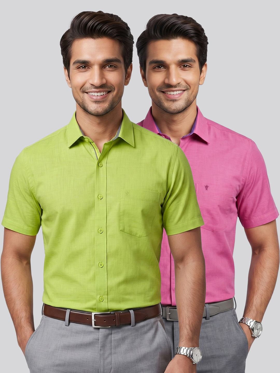 Pack of 2 | 100% Cotton Smart Fit Shirts - Pink & Yellowish Green
