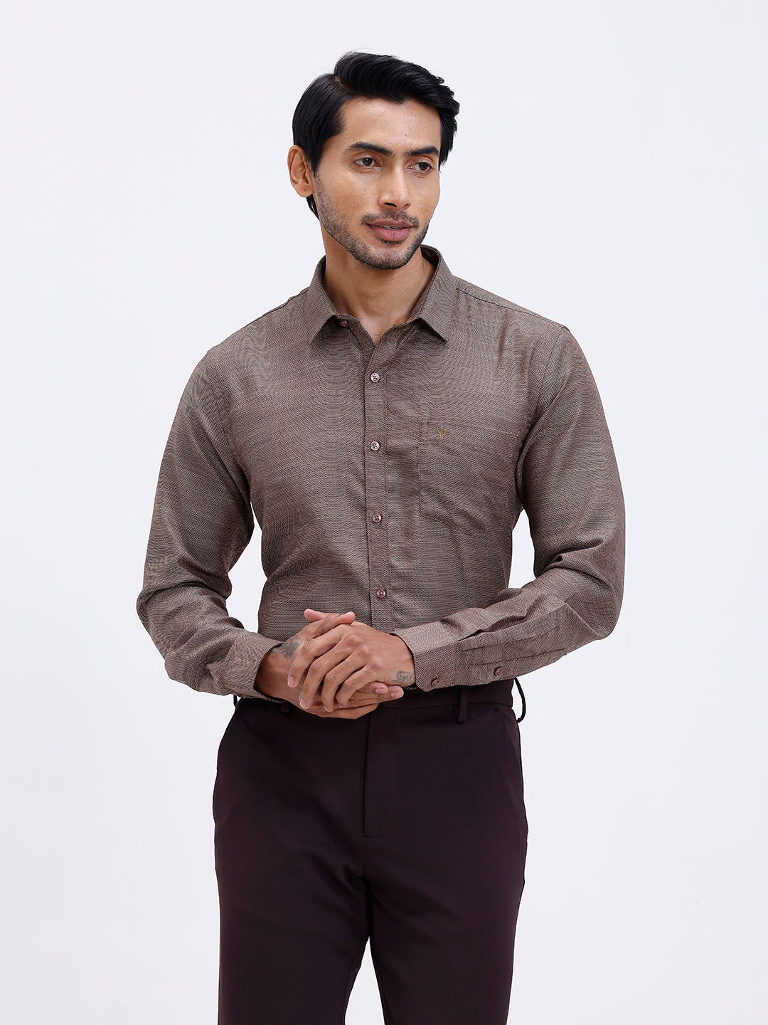 Men Cotton Rich Shirt Brown Dobby T59 AIT4