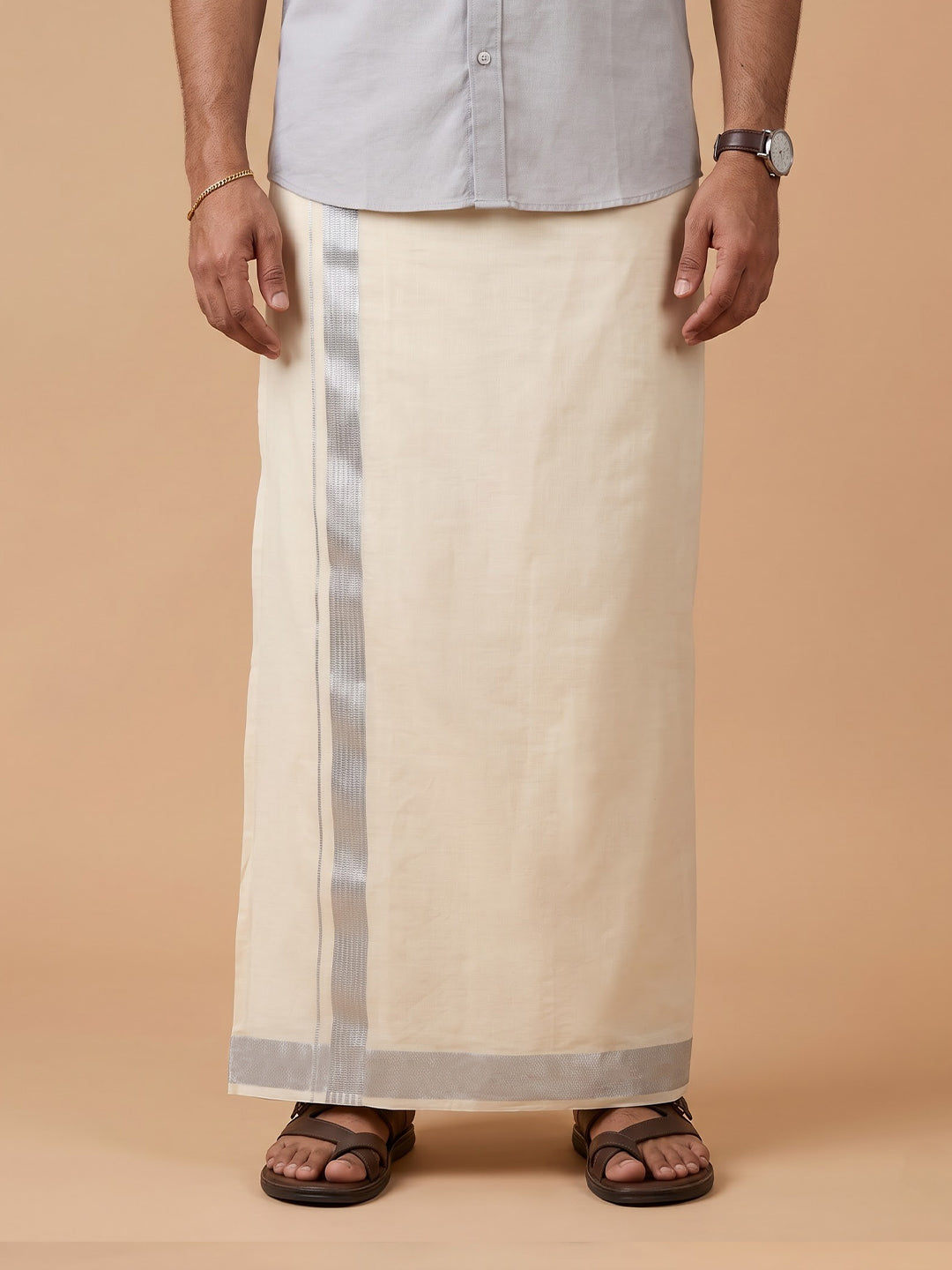 Double Layer 100% Cotton Cream Kora Dhoti with Fancy Jari Border - SJF02