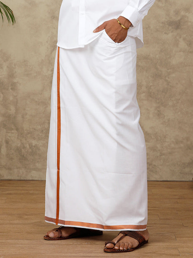 Men Cotton Blend Readymade Double Layer White Dhoti with 3/4" Copper Jari Border 248
