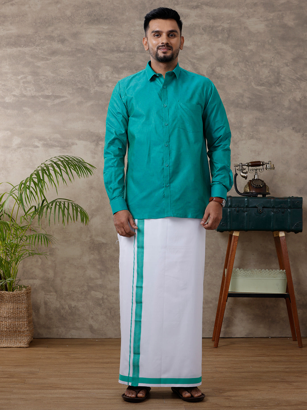 Men Matching Border Dhoti & Shirt Set Full Green C36
