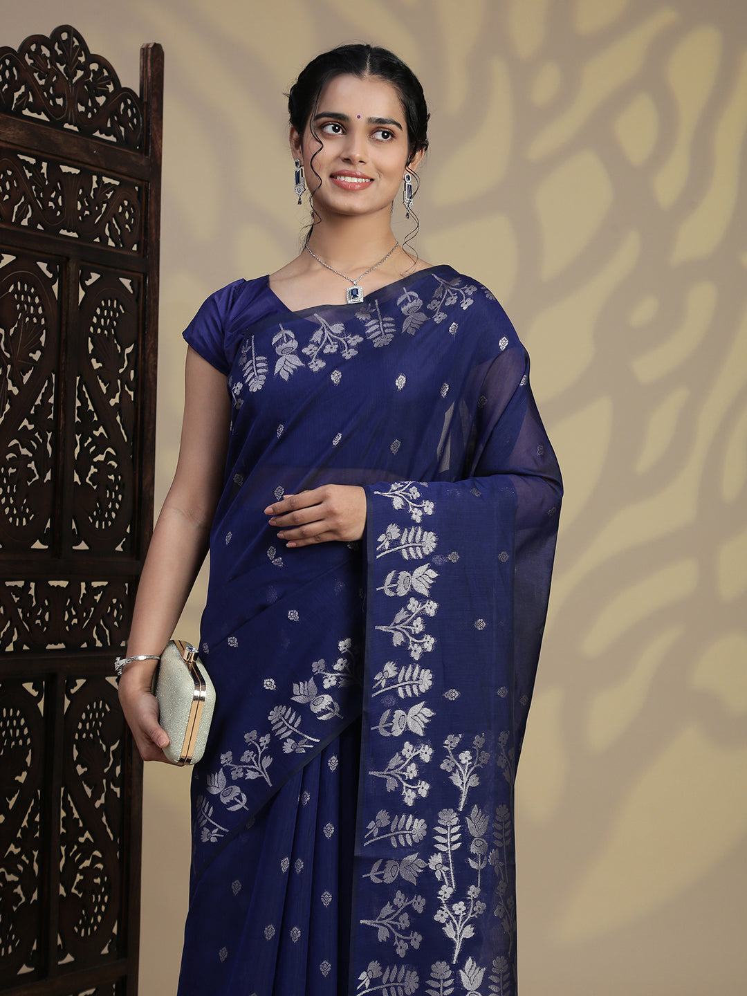 Women Navy Blue Semi Kora Cotton Saree SK111