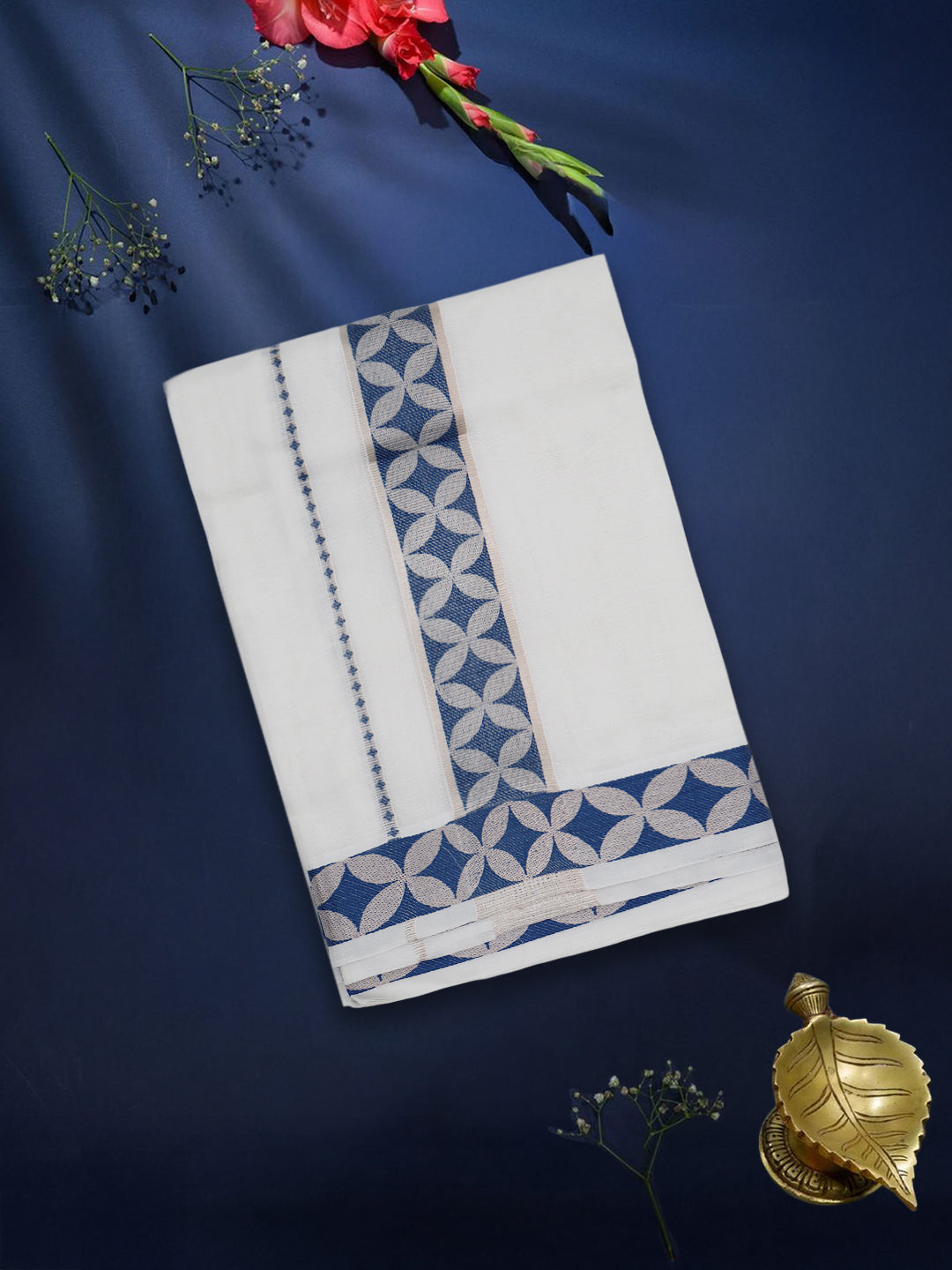 Men Premium Cotton Double Layer White Dhoti with Blue Fancy Jari Border Luxury Club LC14