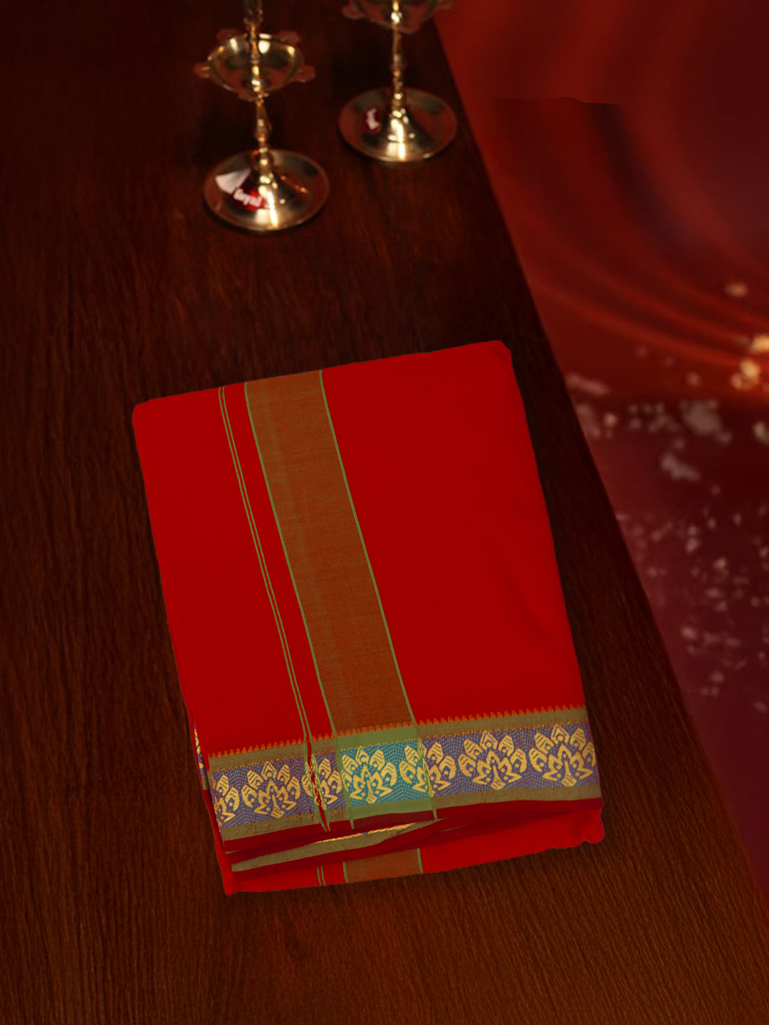 Men 100% Cotton Panchakacham with Angavasthram Set Adinath Red (9+5)