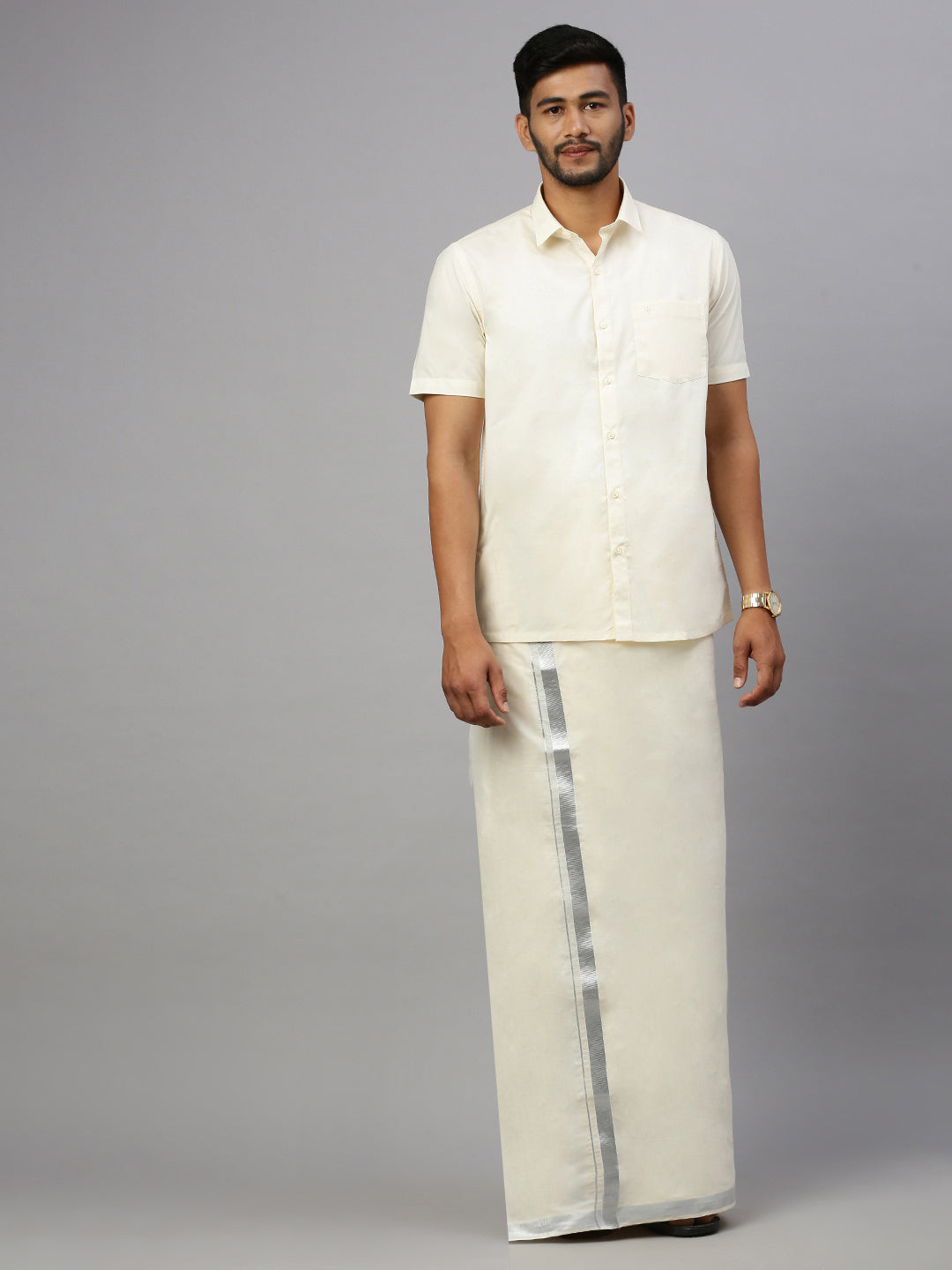 Men 100% Cotton Double Layer Cream Dhoti with 1 1/2" Jari Border Chaitra Silver