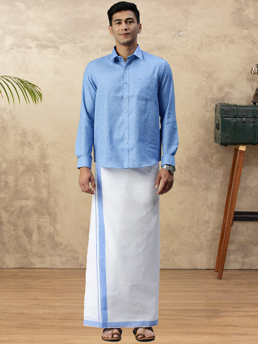 Mens Vetti Vaaram Matching Border Dhoti & Shirt Combo Blue