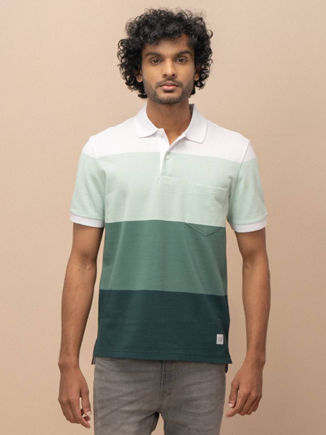 Men Smart Fit Engineered Polo T-Shirt White with Green EN25