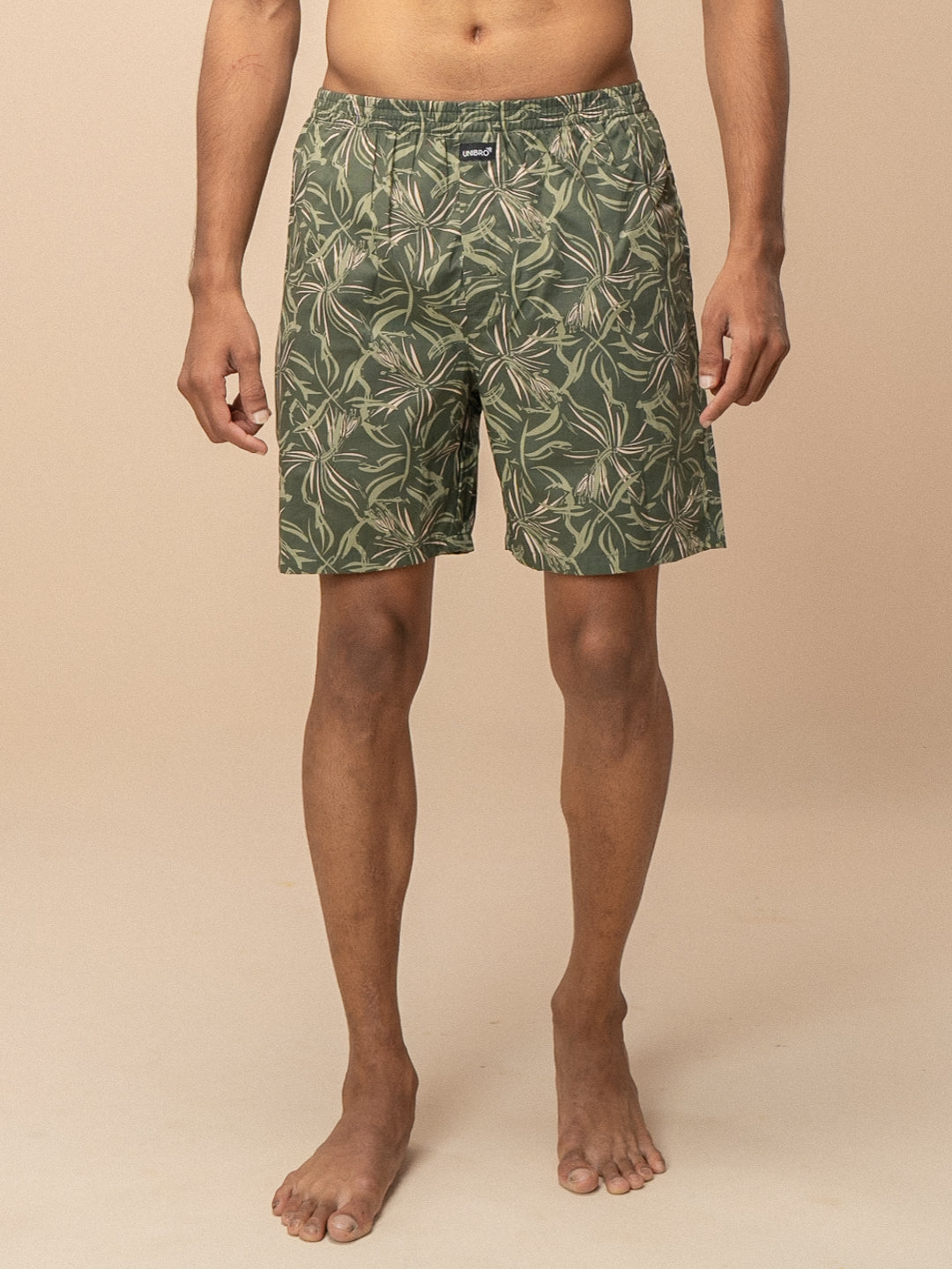 Men 100% Combed Cotton Olive Green Woven Printed Boxer Long Shorts WB54