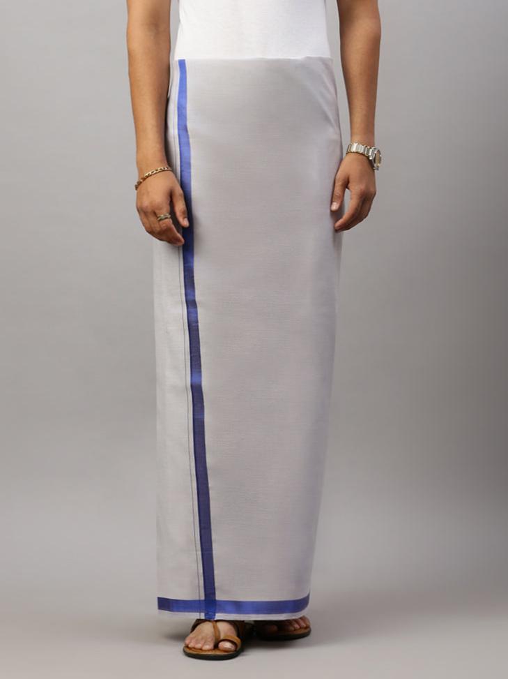 Men Tissue Single Layer Royal Blue Dhoti with Big Border Extreme