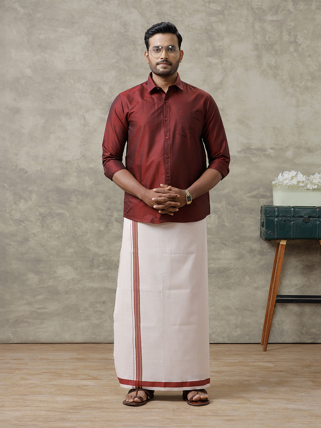 Men Cotton Blend Maroon Shirt and Tissue Dhoti Set VB7