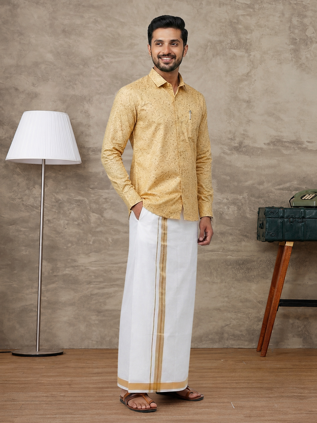 Cotton Rich Sandal Printed Shirt with Matching Border Dhoti Set PS21