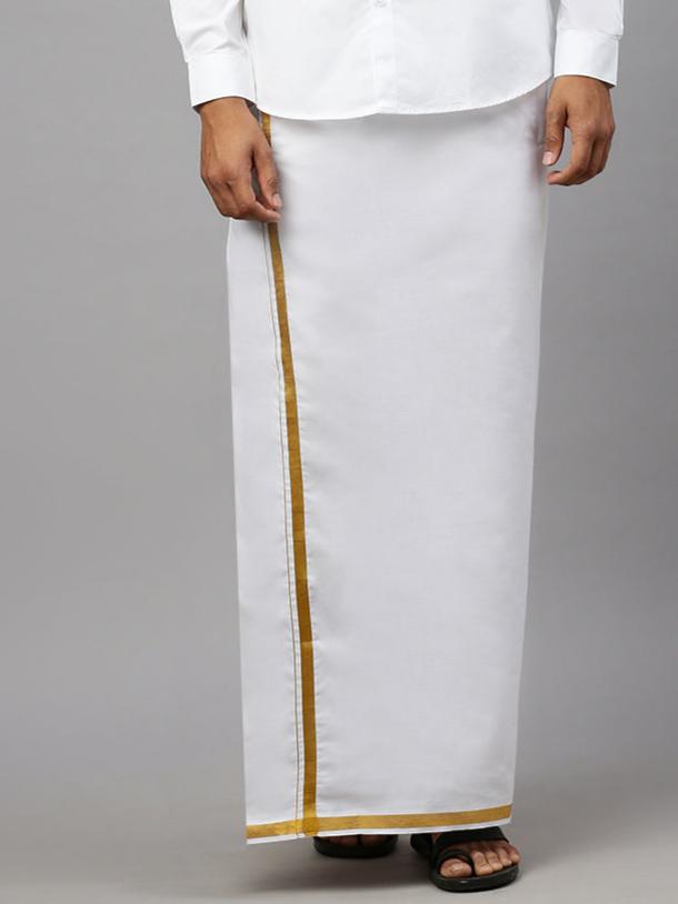 Men Cotton Blend Readymade Single Layer White Dhoti with Gold Jari Border M146