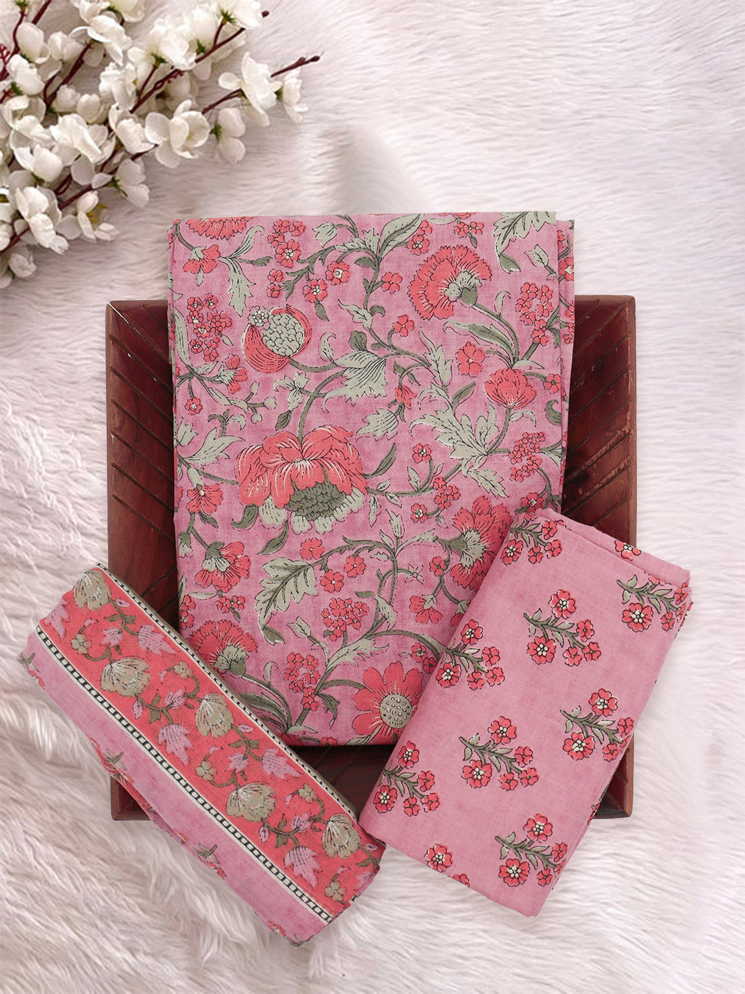 Women Pure Cotton Printed Dress Material Pink DM340