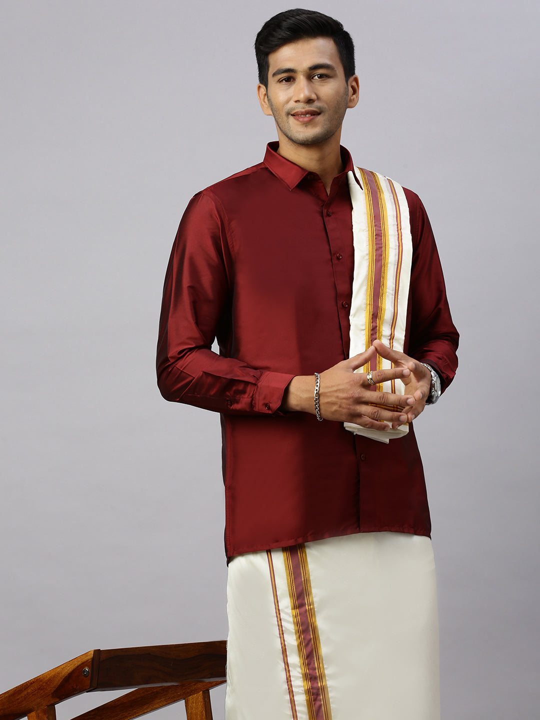 Men Full Sleeves Maroon Shirt with Matching Border Cream Dhoti & Towel Set K7