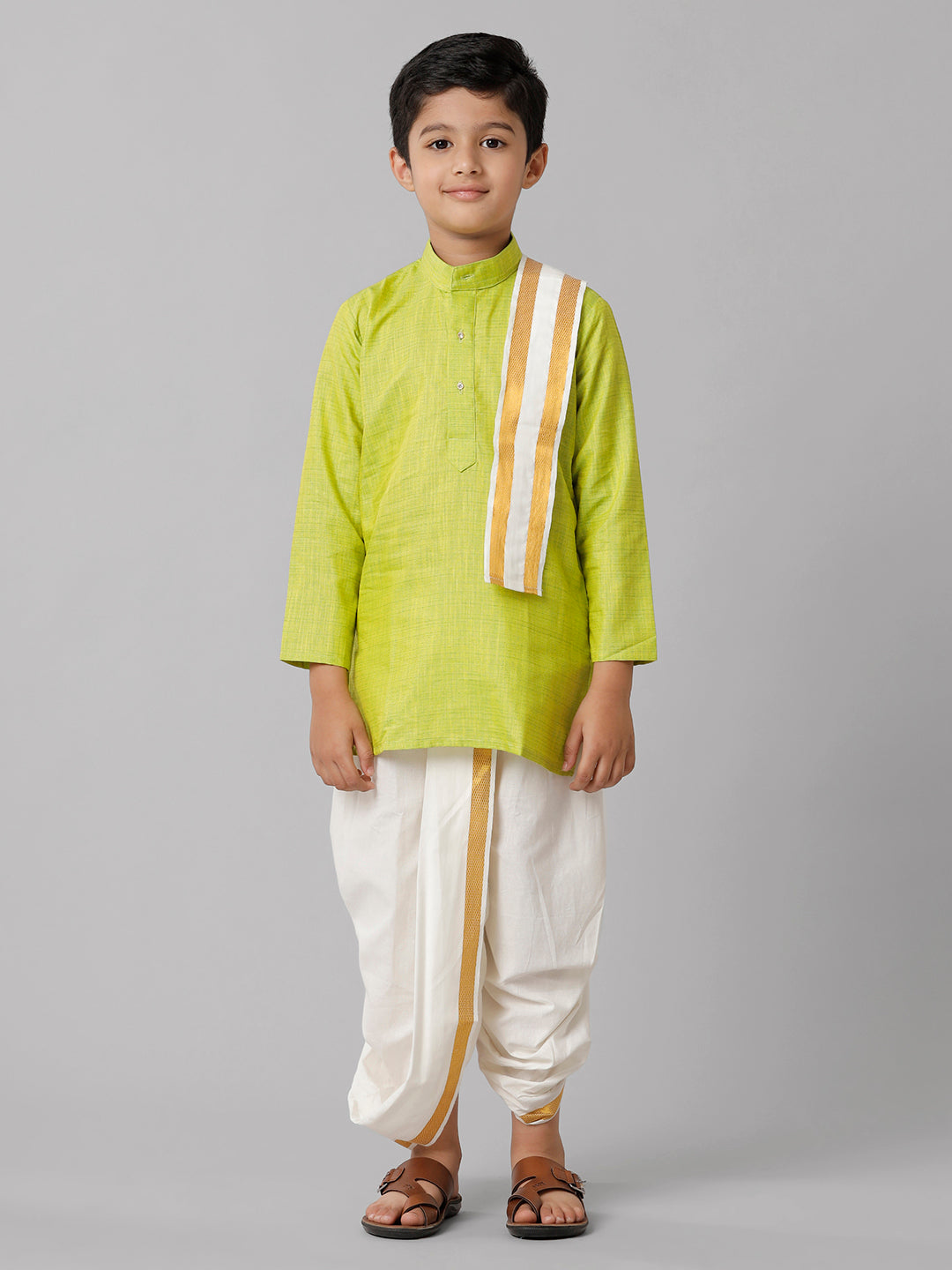 Boys Cotton Parrot Green Kurta with Cream Elastic Panchakacham Towel Combo FS2