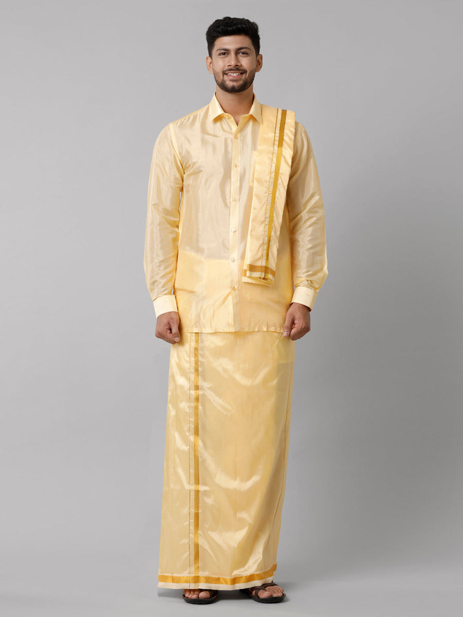 Mens Art Silk Pink Shirt Dhoti Towel Set Swayamvara