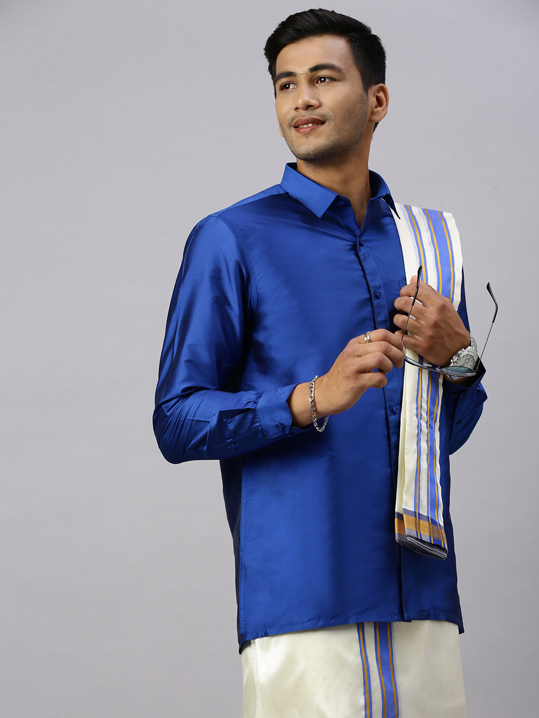 Men Full Sleeves Poster Blue Shirt with Matching Border Cream Dhoti & Towel Set K5