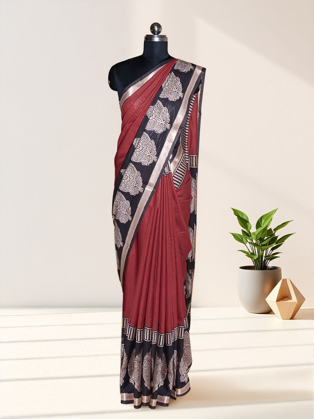 Women Maroon Semi Chanderi Cotton Printed Saree SC79