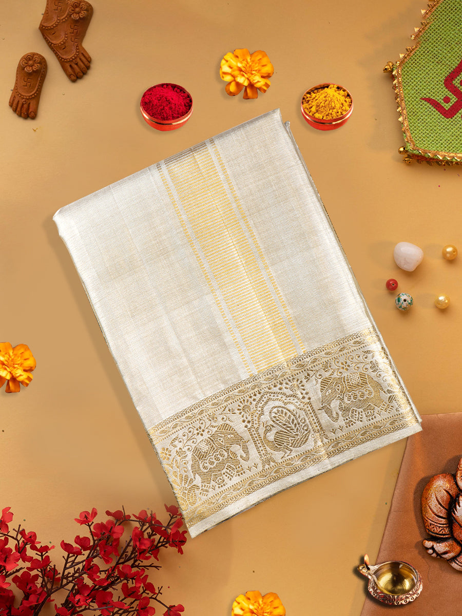 Premium Pure Silk Tissue Gold Dhoti With Angavastram 4" Jari Border Agarshanaa-View one