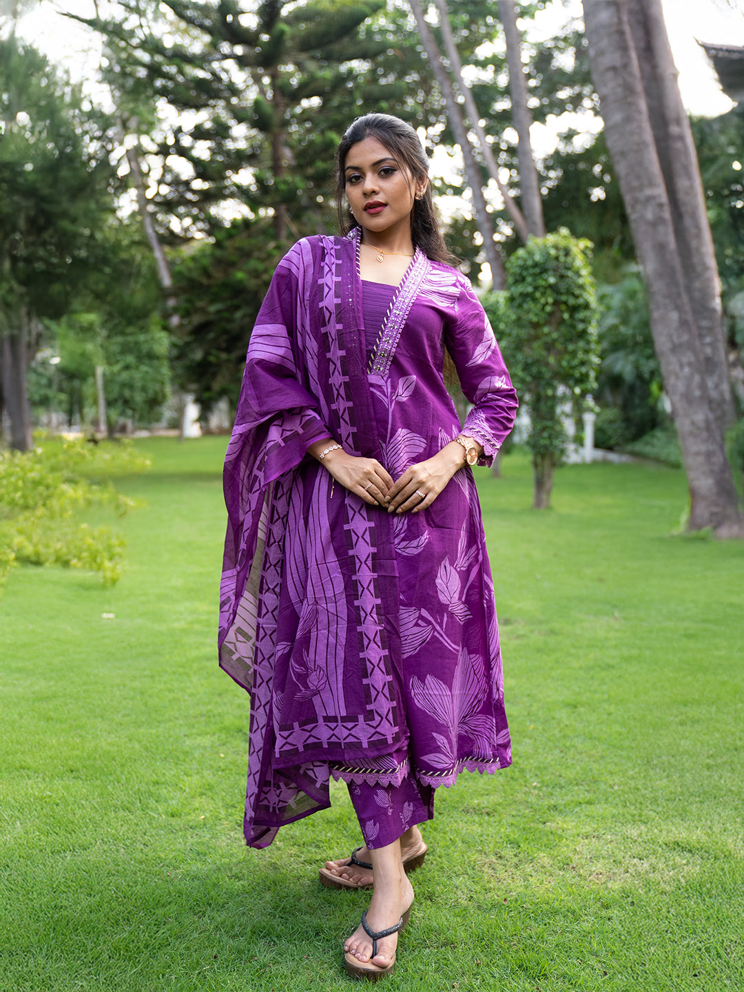 Women Pure Cotton Embroidered Purple Kurti with Pant & Dupatta Set EKS123