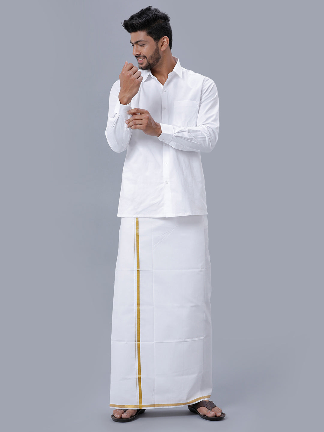 Mens Single Dhoti White with Gold Jari 1/2" Agal-Full view