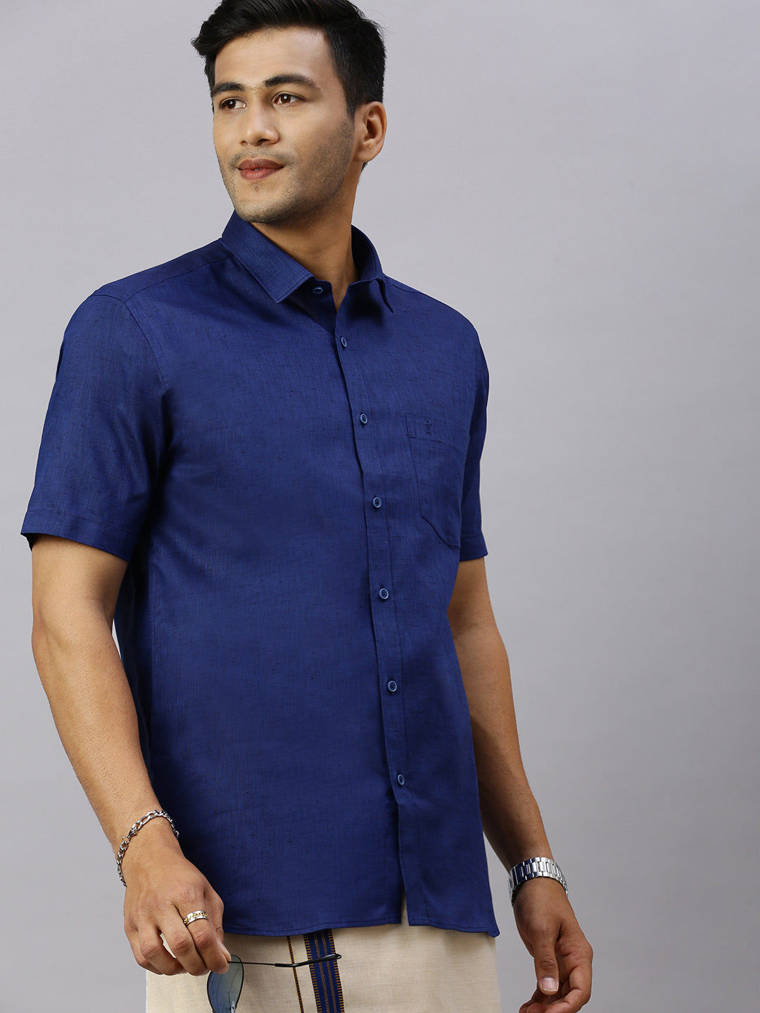 Men Cotton Rich C.Blue Shirt and Tissue Dhoti Set C80
