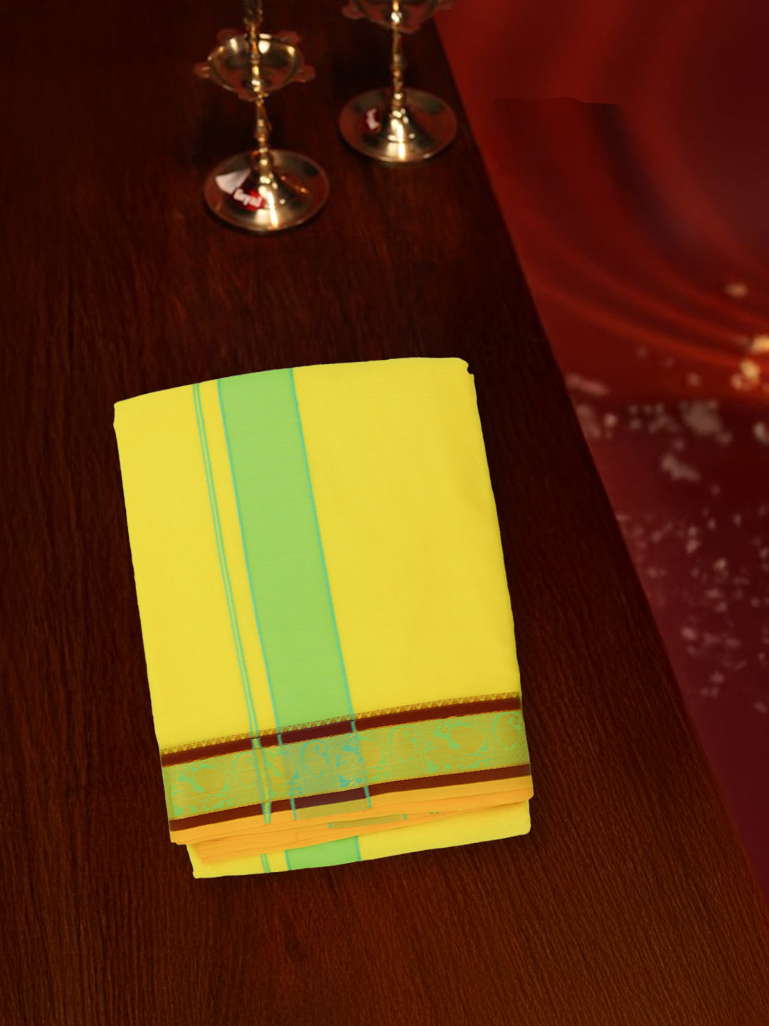 Men 100% Cotton Panchakacham with Angavasthram Set Adinath Yellow (9+5)