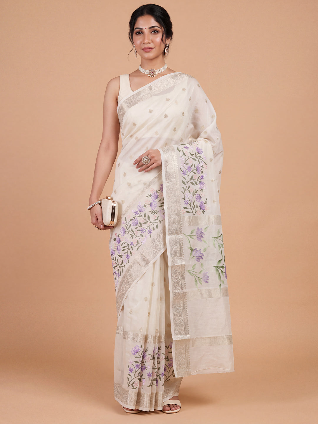 Women Spun Poly Off White Fancy Printed Saree FS02