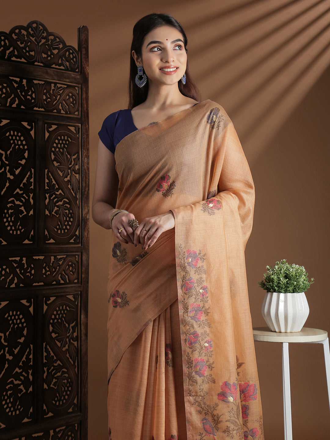 Women Orange Cotton Weaving Saree PCS249