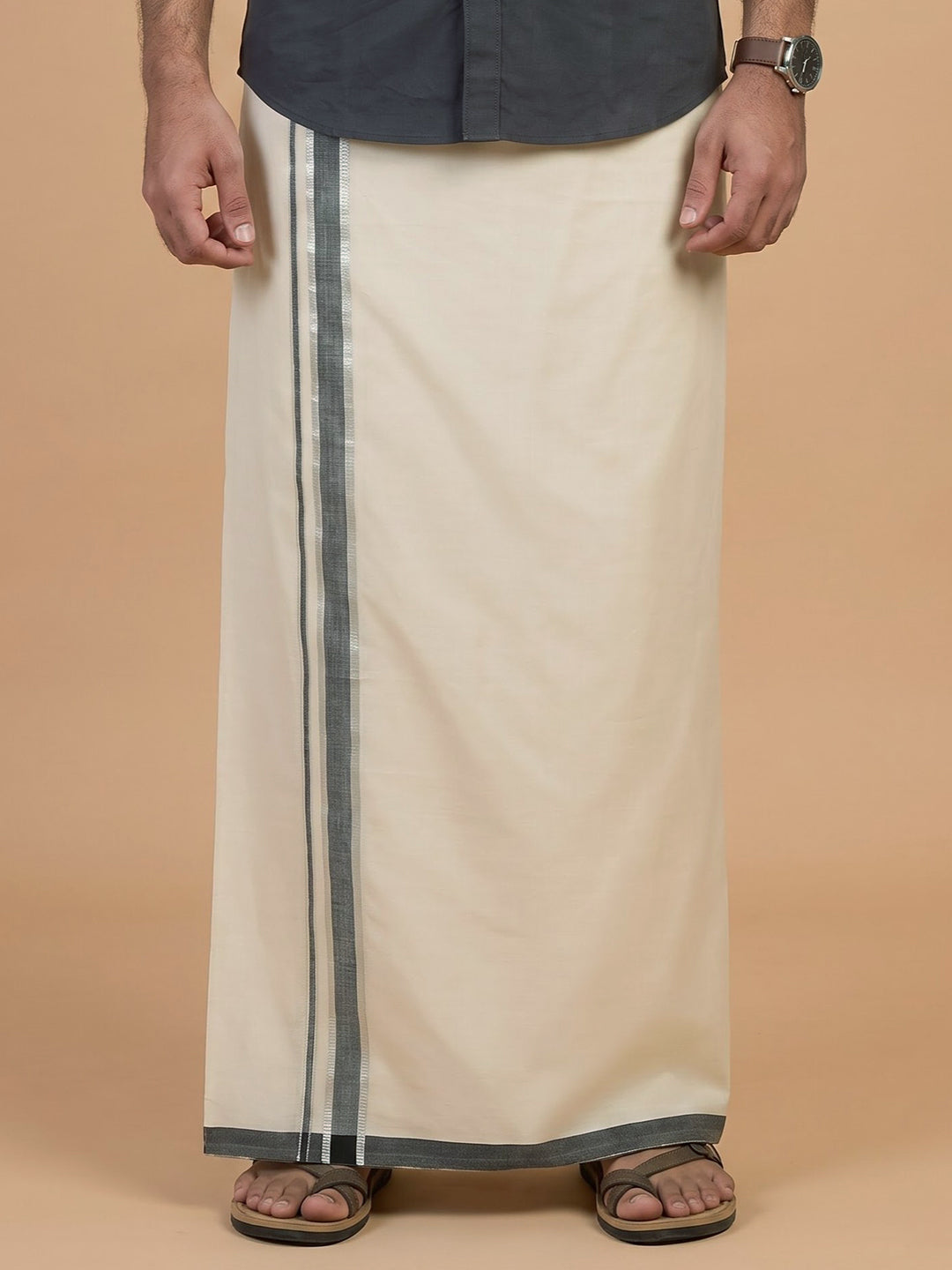 Double Layer 100% Cotton Cream Kora Dhoti with Colour Jari Border - KJ03