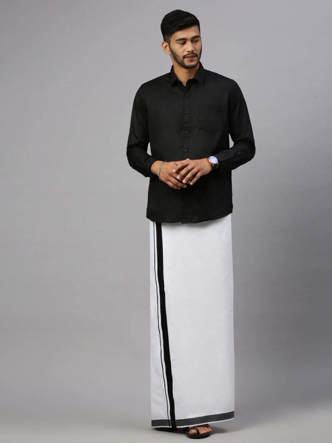 Men Cotton Blend Single Layer White Dhoti with Big Border WS