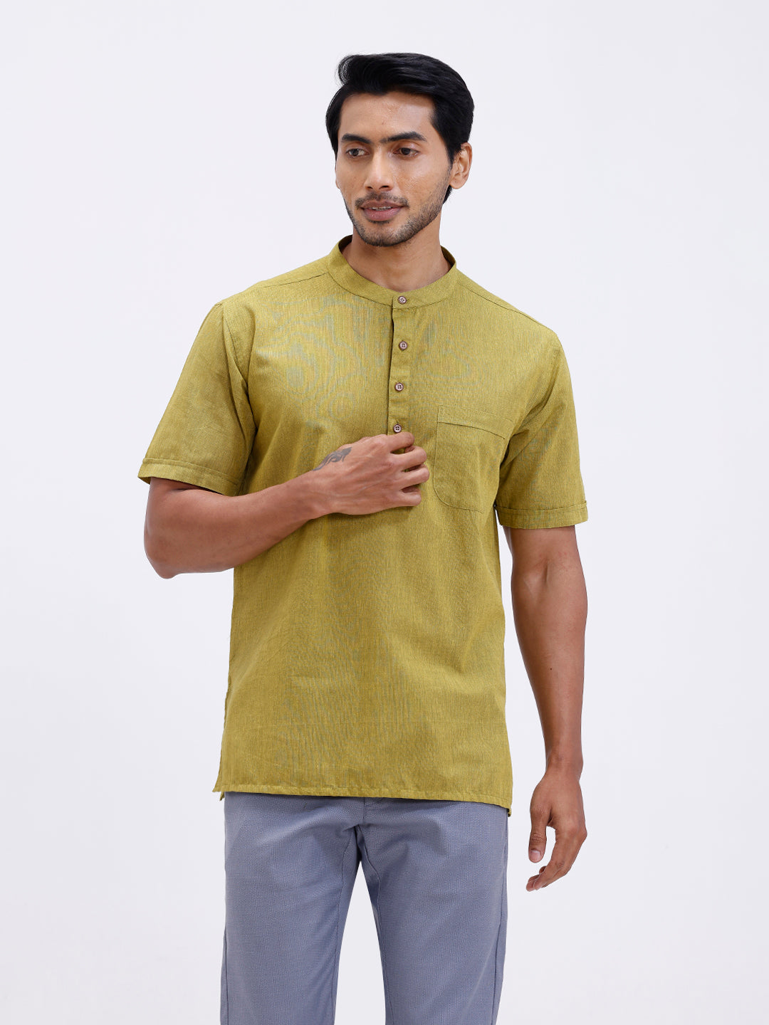 Men Cotton Short Length Plain Pocket Kurta Pale Green PC26
