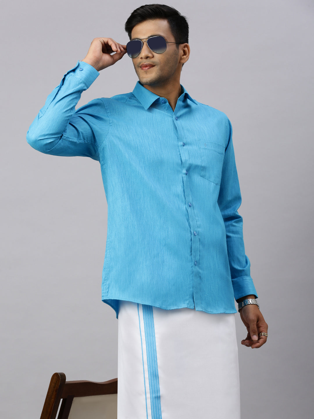 Mens Eastern Blue Matching Border Dhoti & Full Sleeves Shirt Set CV5