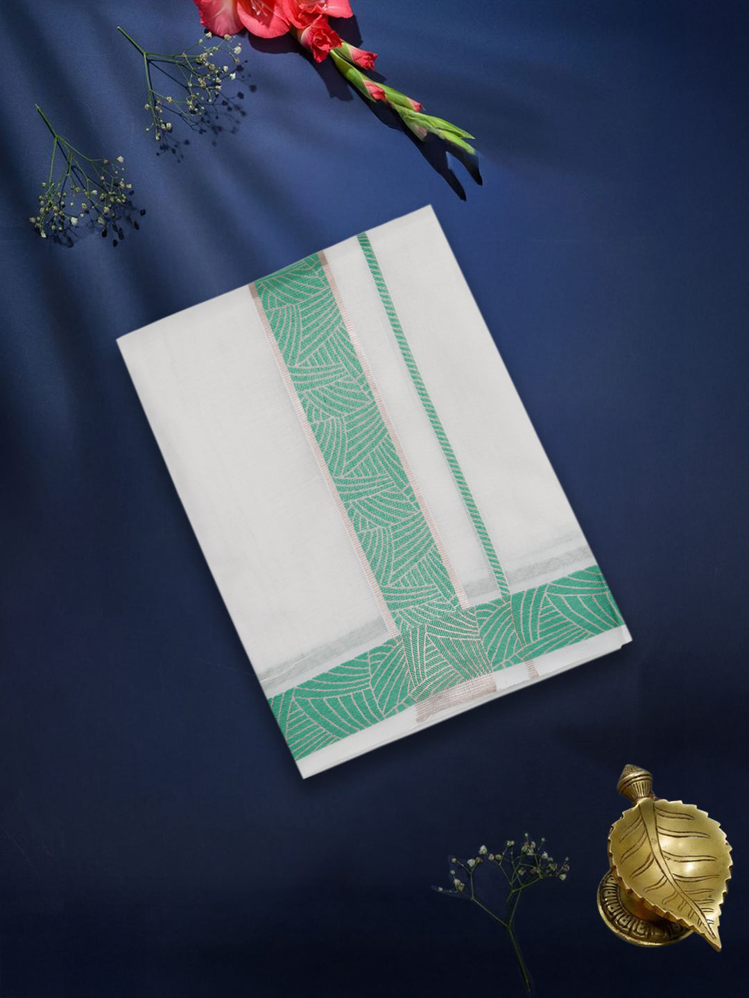 Men Premium Cotton Double Layer White Dhoti with Green Fancy Jari Border Luxury Club LC16