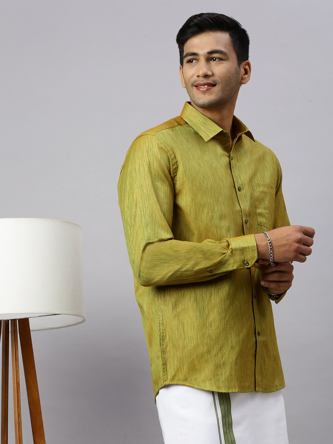 Men Bronze Olive Matching Border Dhoti & Full Sleeves Shirt Set CV8
