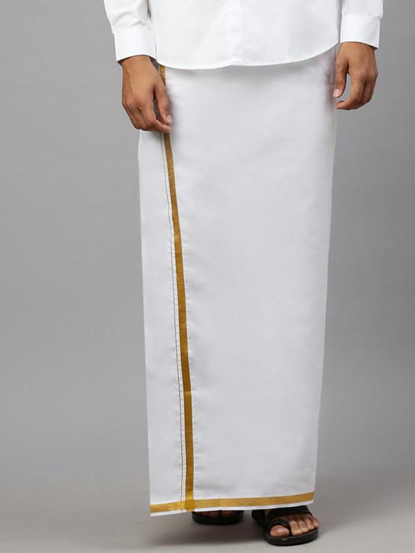 Men Cotton Blend Readymade Single Layer White Dhoti with Gold Jari Border