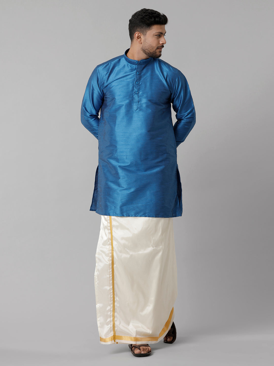 Mens Polyster Blue Medium Length Kurta with Art Silk Jari Dhoti Combo SL01-Full view