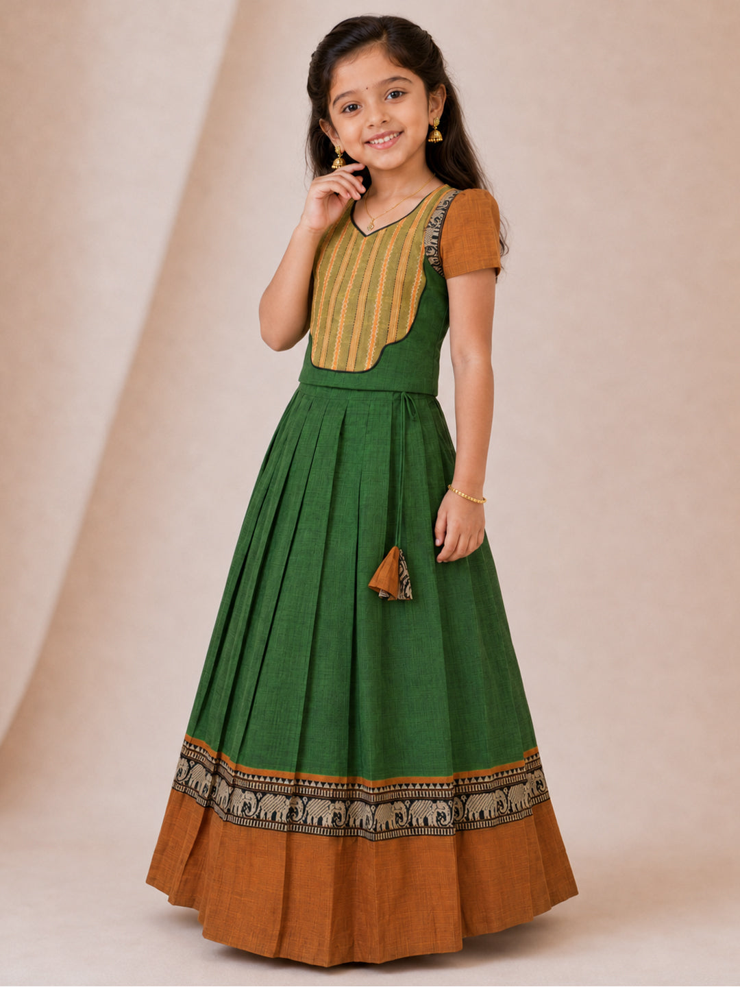Girls Cotton Green Pattu Pavadai Set GPS43