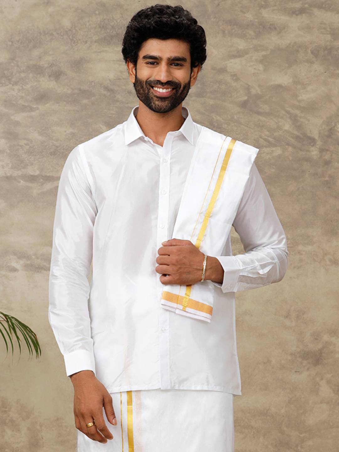 Men Silk White Towel with 3/4" inch Jari Border Rajahamsa