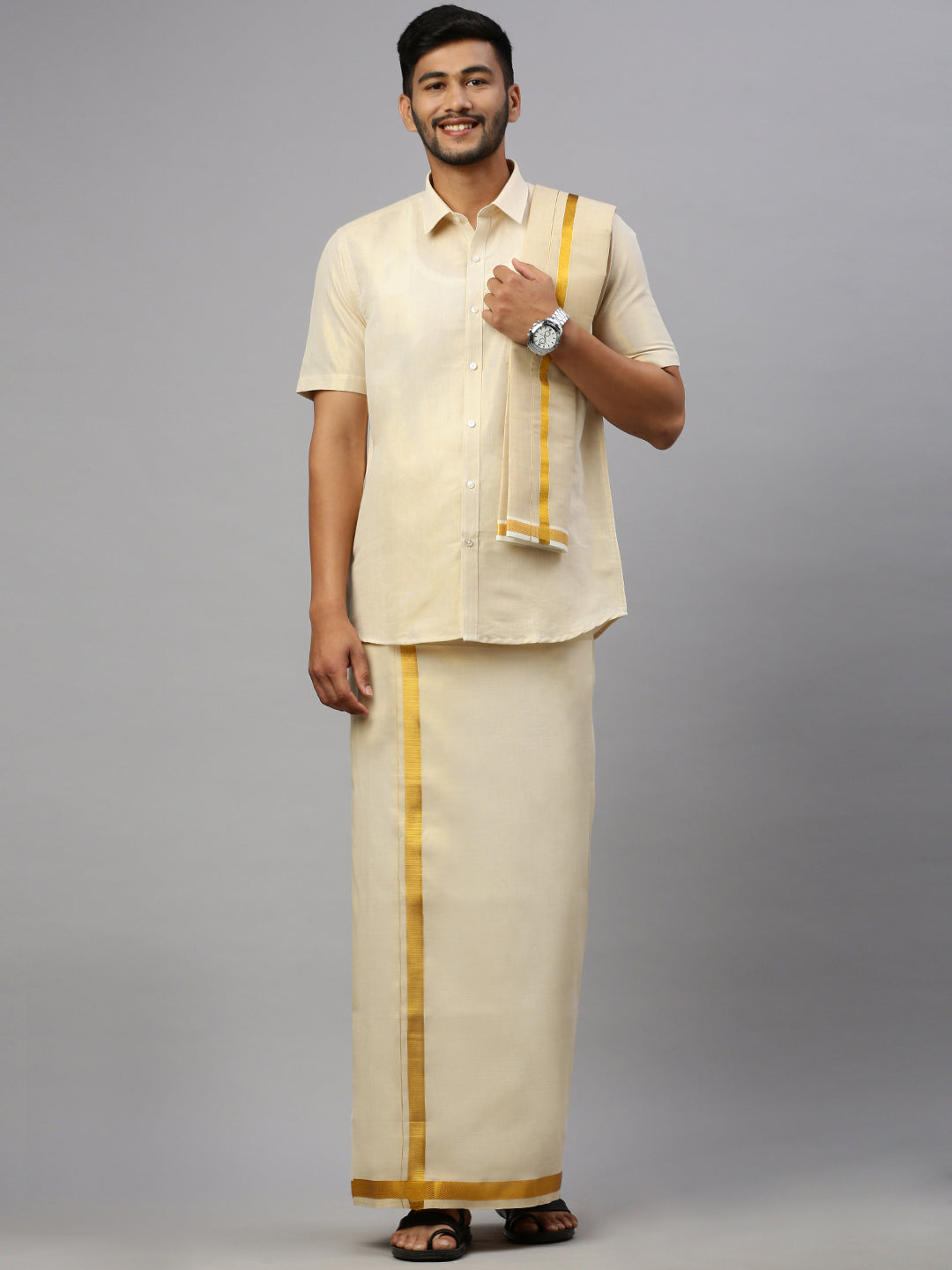 Men Tissue Gold Half Sleeve Shirt Jari Dhoti & Towel Set