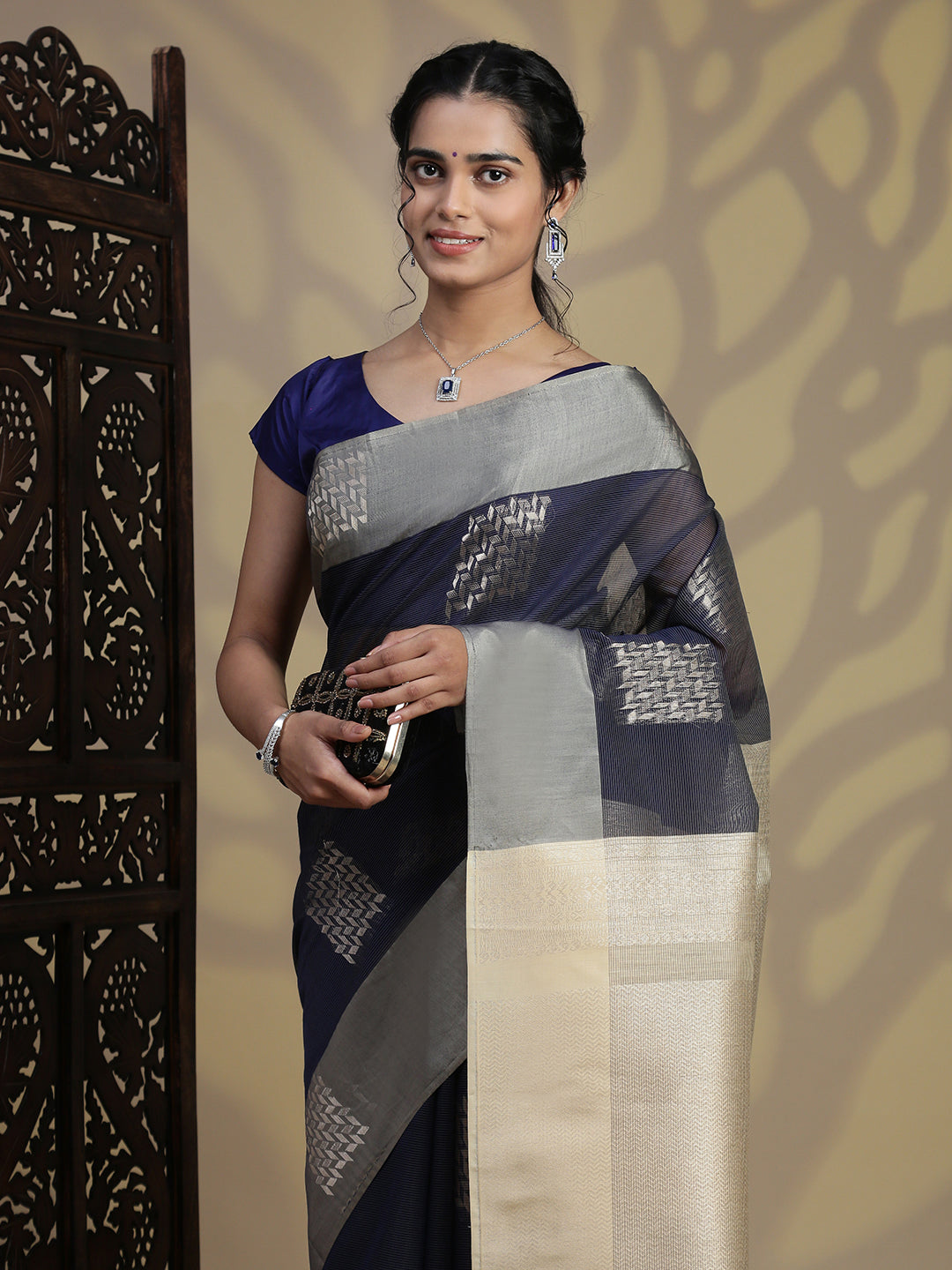 Women Navy Kora Cotton Saree SK102
