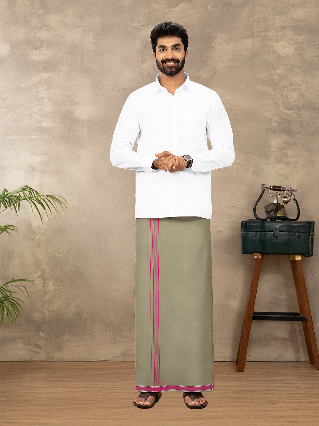 Men Cotton Blend Single Layer Olive Grey Dhoti with Fancy Border Charming Line 15